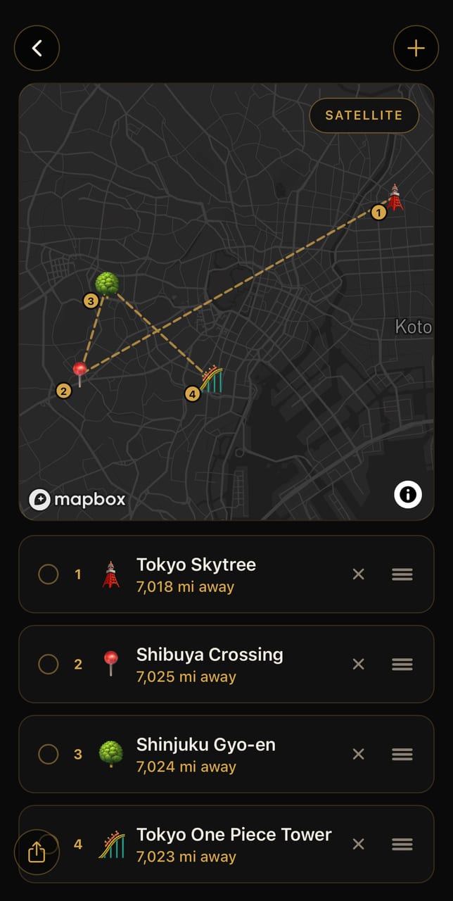A trip's bucket list in Astraia — Tokyo Skytree, Shibuya Crossing and the rest pinned to a live map in the order they will be visited