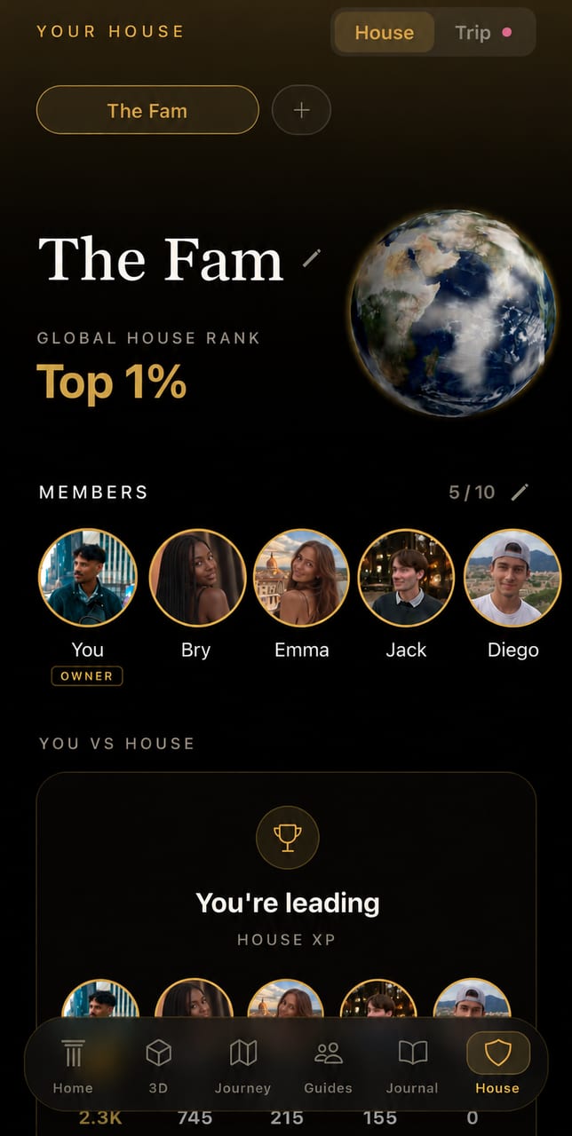 A House in Astraia — the house name, its global rank, the members in it, and who is leading on House XP