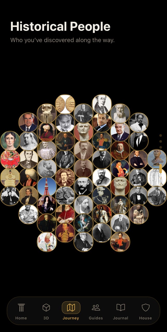 The Historical People screen: every named figure from every dossier gathered into one honeycomb of portraits